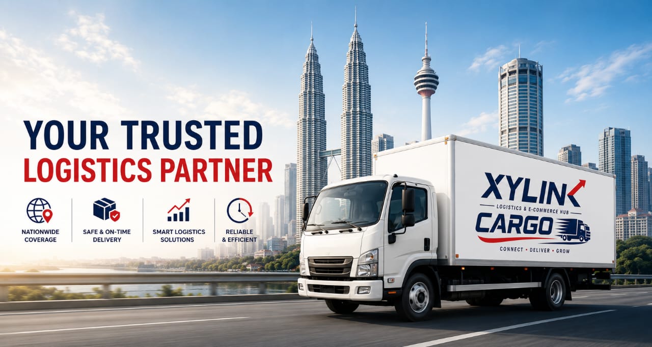 XY Link Cargo delivery truck on the highway with the Kuala Lumpur skyline
